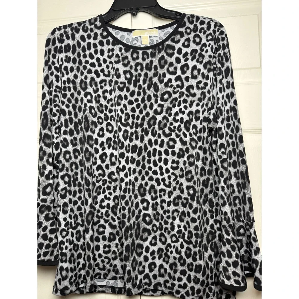 Michael Kors Womens Grey Leopard Print Bell Sleeve Crew Neck Blouse Top Large‎